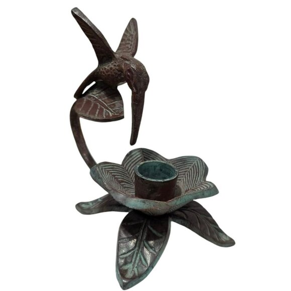 Bronze Hummingbird & Flower Sculpture Candle Holder Bird Floral Leaves Verdigris - Picture 3 of 14